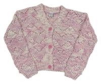 Růžovo-bílo-lila melírovaný ažurový crop propínací svetr DopoDopo 