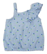 Modro-bílý kostkovaný květovaný crop top s volánky LC Waikiki
