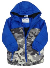 Army-cobaltově modrá prošívaná šusťáková zimní bunda s logem - PlayStation a kapucí