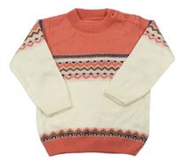 Bílo-korálový pletený svetr se vzorem 
