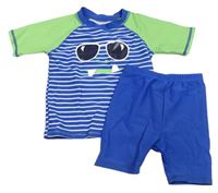 2Set - Safírovo-bílo-zelené pruhované UV tričko s brýlemi + kraťasy alive