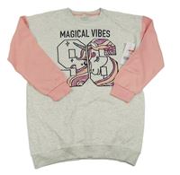 Nové - světlešedo/růžové melírované teplákové šaty s číslem s jednorožcem s flitry F&F