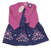 Nové - tmavomodré manšestrové šaty s květy a větvičkami a tmavorůžovým bolérkem CHLOE LOUSE