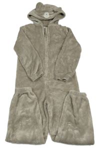 Béžovošedá plyšová kombinéza s kapucí - medvídek F&F