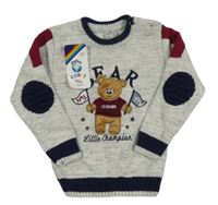 Nové - světlešedo-tmavomodro-vínový melírovaný vlněný svetr s medvídkem