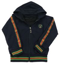 Tmavomodrá propínací mikina s nášivkou a logy a pruhy a kapucí GUCCI