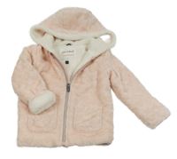 Světlerůžová plyšová zateplená bunda se srdíčky a kapucí C&A