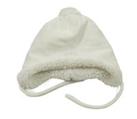 Smetanová plyšová zateplená zavazovací čepice se zvířátky a bambulí OBaïBi 