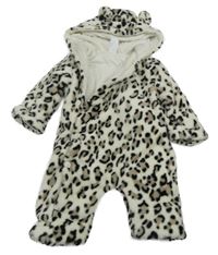 Smetanovo-světlehnědo-černá vzorovaná plyšová zateplená kombinéza s kapucí s oušky C&A