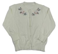 Smetanový propínací svetr s květy a větvičkami 