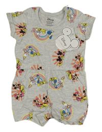 Nové - šedý melírovaný kraťasový overal s Minnie a Mickey s kamarády PRIMARK