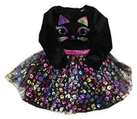 Kostým - Černé sametovo/tylové šaty s kočičkou a barevným vzorem 