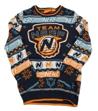 Tmavomodro-modrošedo-oranžový vzorovaný svetr s logy NERF