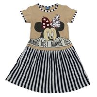 Světlehnědo-bílo-černé šaty s Minnie s překlápěcími flitry a pruhy Disney