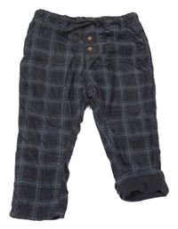 Tmavošedo-šedo-světlemodré kostkované manšestrové podšité kalhoty H&M