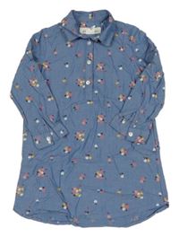 Modré melírované plátěné košilové šaty s kytičkami H&M
