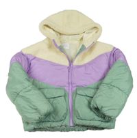 Krémovo-lila-zelená šusťáková zimní bunda s kapucí Primark