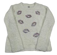 Bílý chlupatý svetr s ústy z flitrů C&A