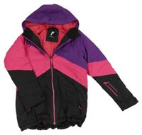 Fialovo-fuchsiovo-černá šusťáková lyžařská bunda s kapucí