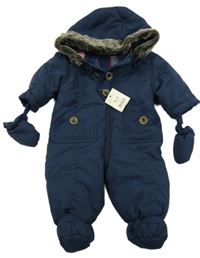 Nové - Tmavomodrá šusťáková zateplená kombinéza s kapucí + rukavice George