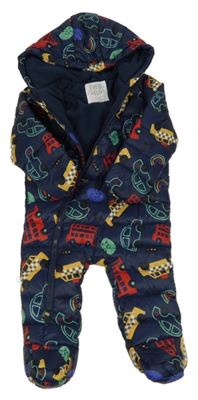 Tmavomodrá šusťáková zimní kombinéza s auty a kapucí F&F