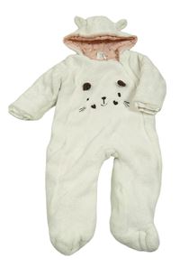 Bílá chlupatá zateplená kombinéza s čumákem a kapucí