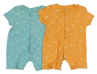 2x bavlněný kraťasový overal s palmami a sluníčky - oranžový + azurový