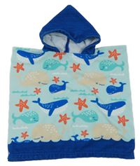 Světlemodro-modré osuškové pončo s velrybami a kapucí
