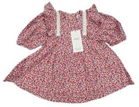 Nové - Bílo-červené květované plátěné šaty s volánky M&S