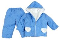 2 set - Modrá šusťáková zimní bunda s kapucí + oteplovačky 