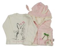 Nové - 2 set - bílé triko s králíkem + světlerůžová zateplená vesta s kapucí 