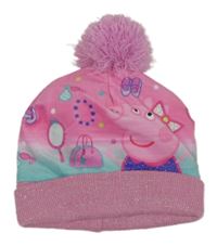 Růžová plyšová/pletená čepice s Peppou a bambulí 