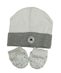 2 set - bílo-šedá čepice s logem - Converse + bílo-šedé s hvězdičkami 