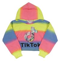 Růžovo-neonovo-růžová pruhovaná crop mikina s nápisem a kapucí 