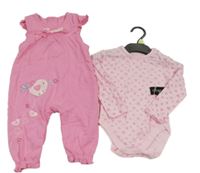 Nové - 2 set - růžové body se srdíčky + růžový overal s ptáčkem dunnes