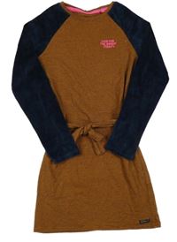 Hnědé pruhované šaty s tmavomodrými sametovými rukávy a páskem WE