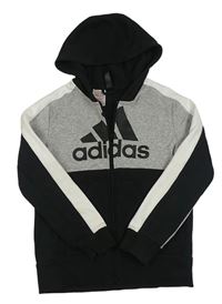 Černo-šedo-bílá propínací mikina s logem a kapucí Adidas