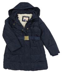 Tmavomodrý šusťákový zimní kabát s páskem a kapucí M&S