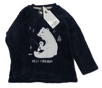 Nové - Tmavomodrá plyšová mikina s medvídkem a tučňákem 