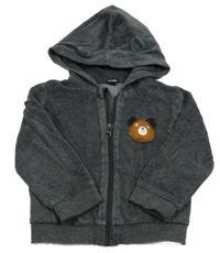 Tmavošedá sametová propínací mikina s medvědem a kapucí Kiabi