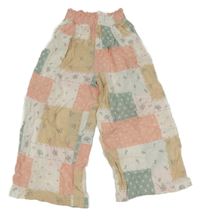 Bílo-růžovo-béžovo-zelené květované patchworkové třpytivé culottes kalhoty LC Waikiki