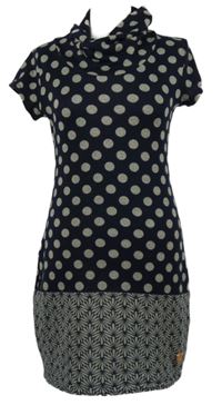 Dámské tmavomodro-šedé puntíkované pletené šaty s límcem