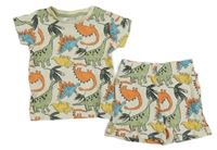 2x béžové žebrované tričko s dinosaury - béžové žebrované kraťasy s dinosaury Identic Nature 