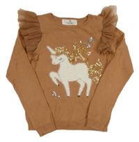 Starorůžový svetr s jednorožcem a volánky H&M
