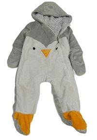 Šedo-bílá plyšová podšitá kombinéza s kapucí - tučňák Primark