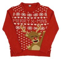 Červený pletený vánoční svetr se sobem a srdíčky a vločkami