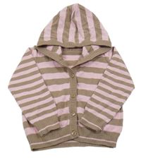 Světlerůžovo-hnědý pruhovaný propínací svetr s kapucí 