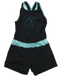 Černo-tyrkysový sportovní cvičební overal s třpytkami 