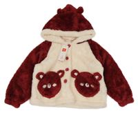 Nové - Rubínovo-smetanová chlupatá bunda s medvědy a kapucí 