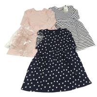 Nové - 3x šaty - světlerůžové + bílo-černé pruhované + tmavomodré se srdíčky H&M